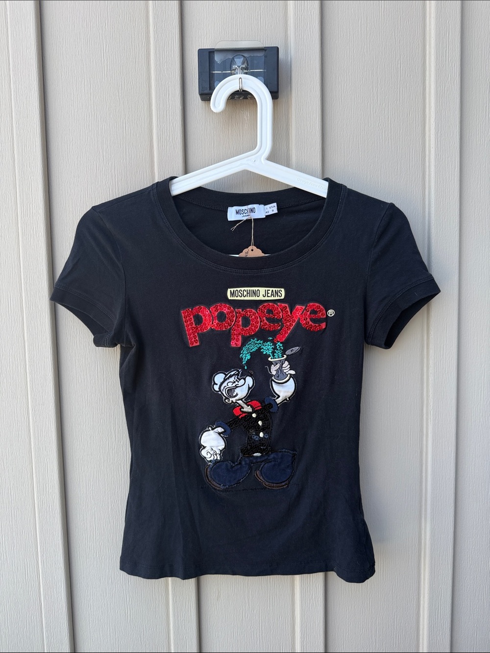 Moschino Jeans Vintage Rare Black Popeye Graphic Tee with Sequins